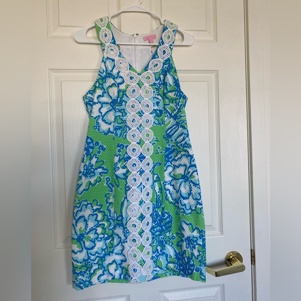 Lilly Pulitzer Trudy Shift Dress Go Go Green Northeast Hahbah Pique Lace Trim
